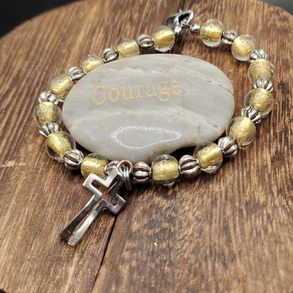 For petite wrist slide on customized‎ bracelet B2839 cross gold thread crystal